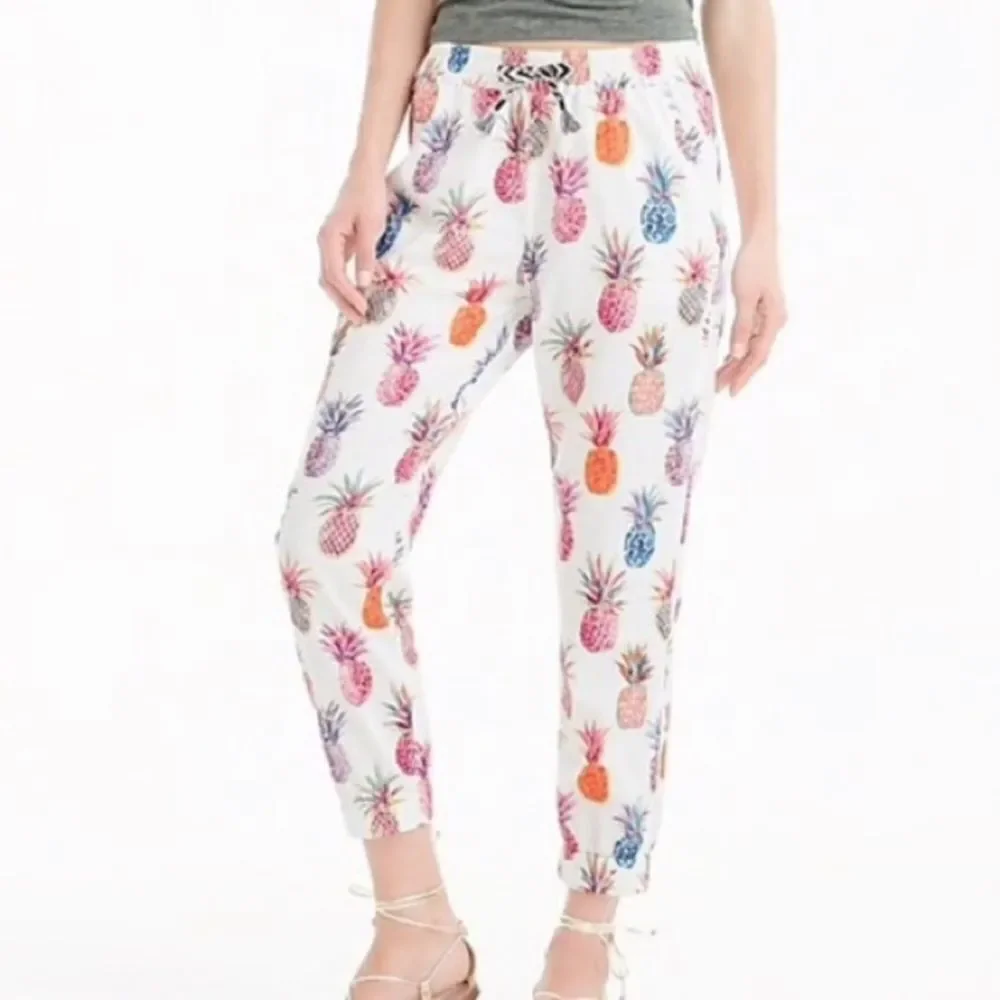 WOMEN'S J CREW SEASIDE PULL ON PANTS IN‎ WHITE RATTI PAINTED PINEAPPLES Size 0